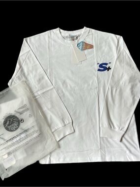 SnowDay White Long Sleeve Tee with Blue "S+" Chest Logo